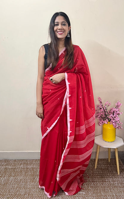 Red Handloom Mark Dhanikhali Mul Cotton Saree