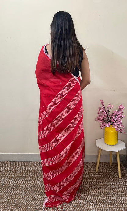 Red Handloom Mark Dhanikhali Mul Cotton Saree