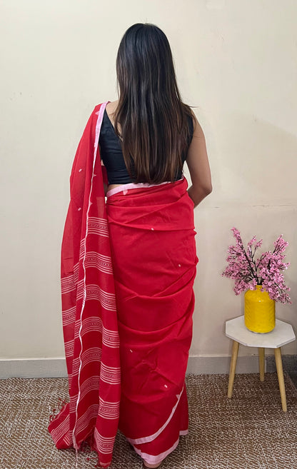 Red Handloom Mark Dhanikhali Mul Cotton Saree