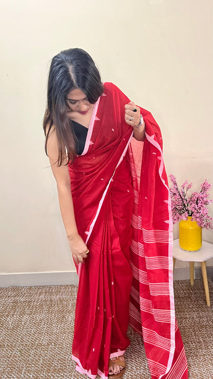 Red Handloom Mark Dhanikhali Mul Cotton Saree