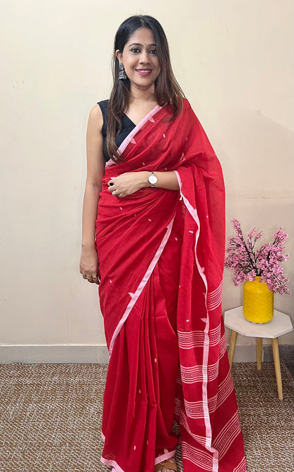 Red Handloom Mark Dhanikhali Mul Cotton Saree