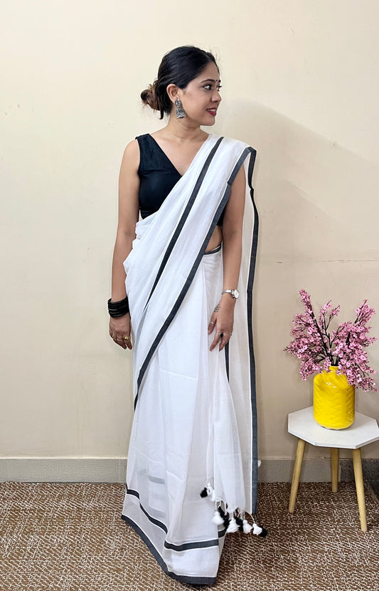 White Solid Mul Cotton Saree with Dual Stripes and Tassels