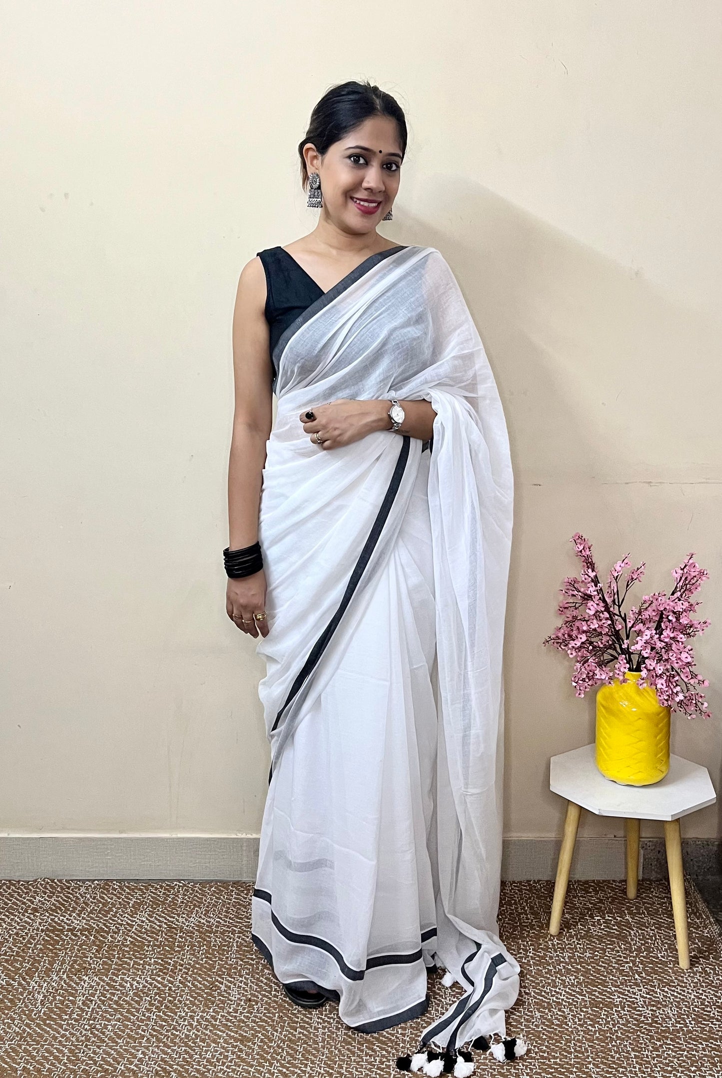 White Solid Mul Cotton Saree with Dual Stripes and Tassels