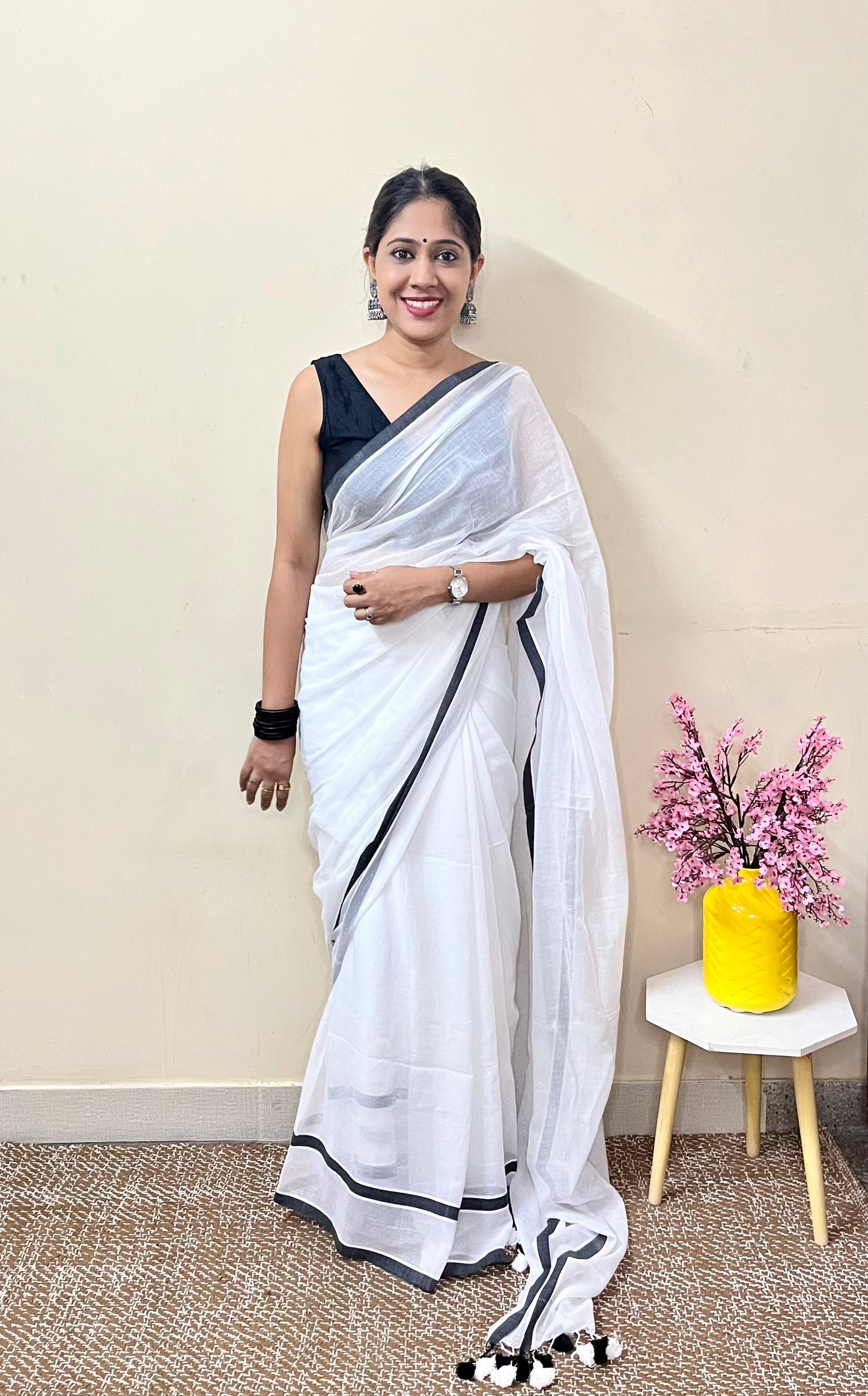 White Solid Mul Cotton Saree with Dual Stripes and Tassels
