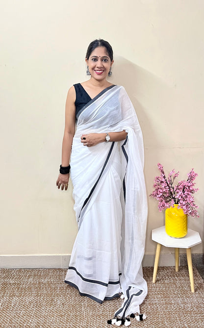 White Solid Mul Cotton Saree with Dual Stripes and Tassels
