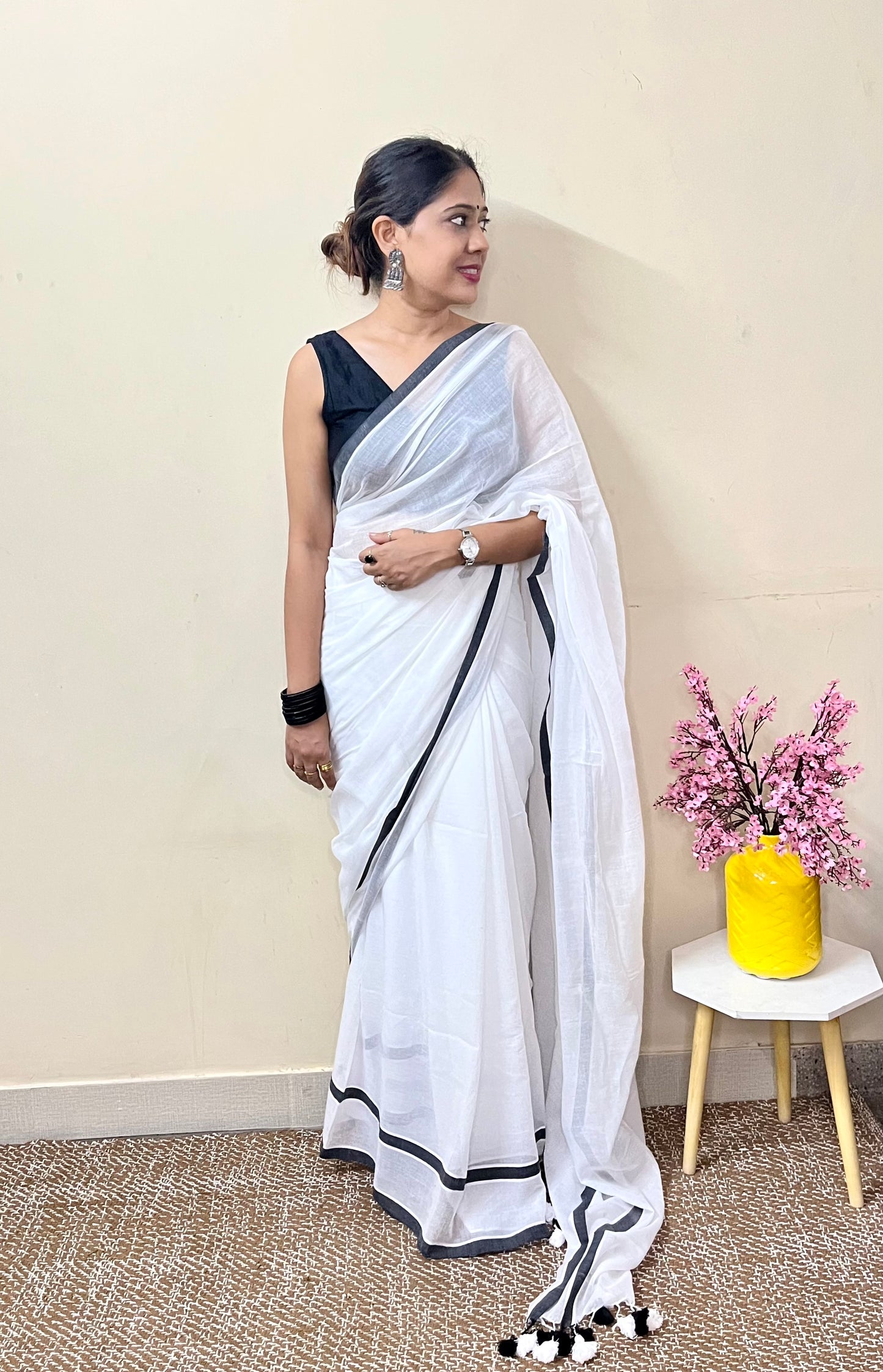 White Solid Mul Cotton Saree with Dual Stripes and Tassels