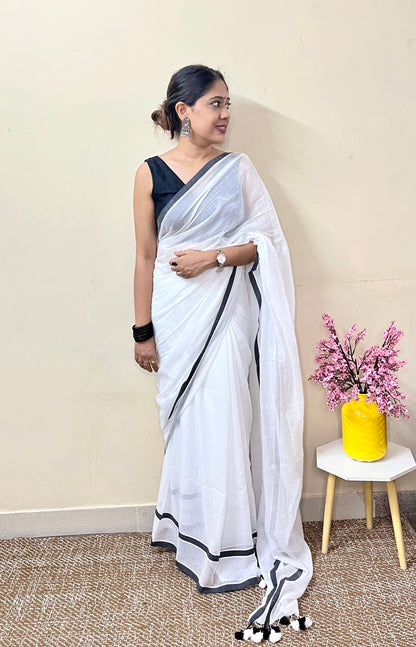 White Solid Mul Cotton Saree with Dual Stripes and Tassels