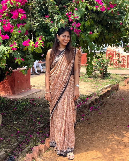 Brown Bagru Handblock Printed Mul Cotton Saree