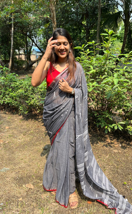 Grey Pure Cotton Handloom Saree with Heavy Jamdani on Aanchal and Palla