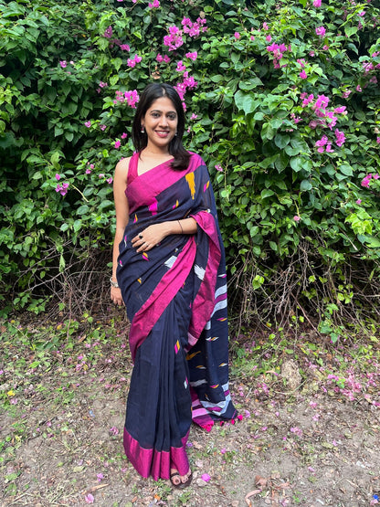 Royal Blue Mul Cotton Saree with Jamdani Weaving and Tassels Saree Handloom saree, handcrafted saree, daily wear saree, office saree, affordable saree, saree for summers, Suta sarees, Eternity by Sakshi Sarees,