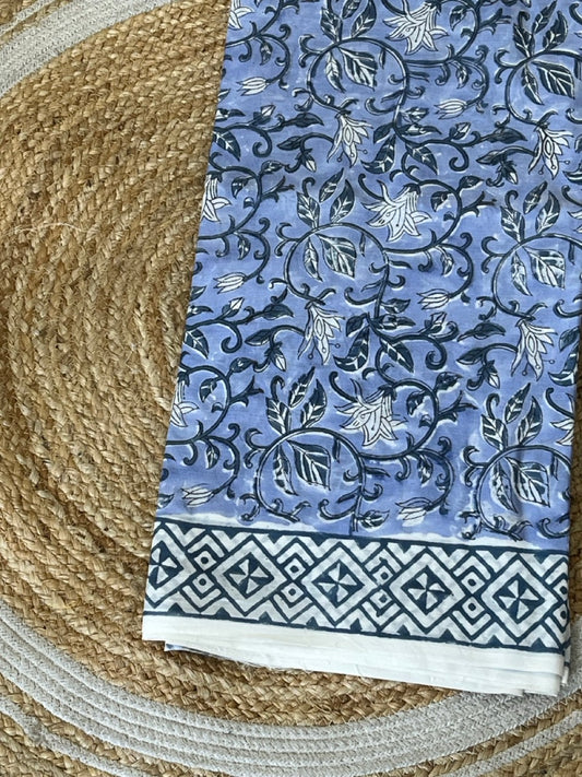 Blue Flowers Sanganeri Handblock Printed Mul Cotton Saree