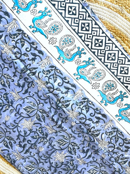 Blue Flowers Sanganeri Handblock Printed Mul Cotton Saree