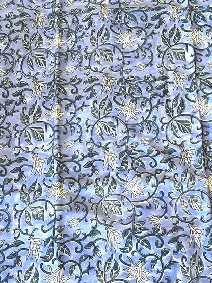 Blue Flowers Sanganeri Handblock Printed Mul Cotton Saree