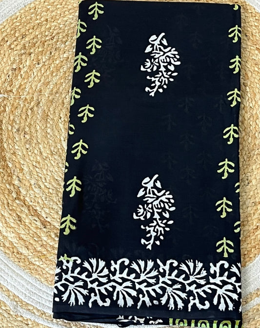 Black Flowers Handblock Printed Mul Cotton Saree
