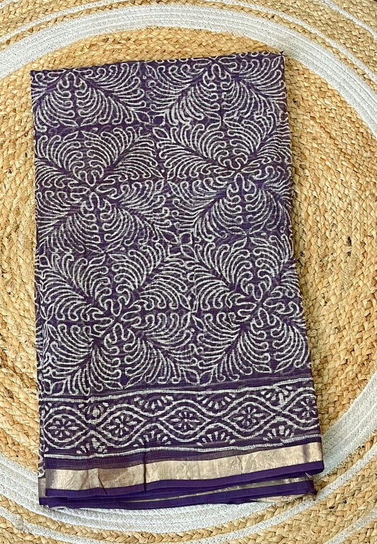 Purple Handblock Printed Cotton Kota Doriya Saree