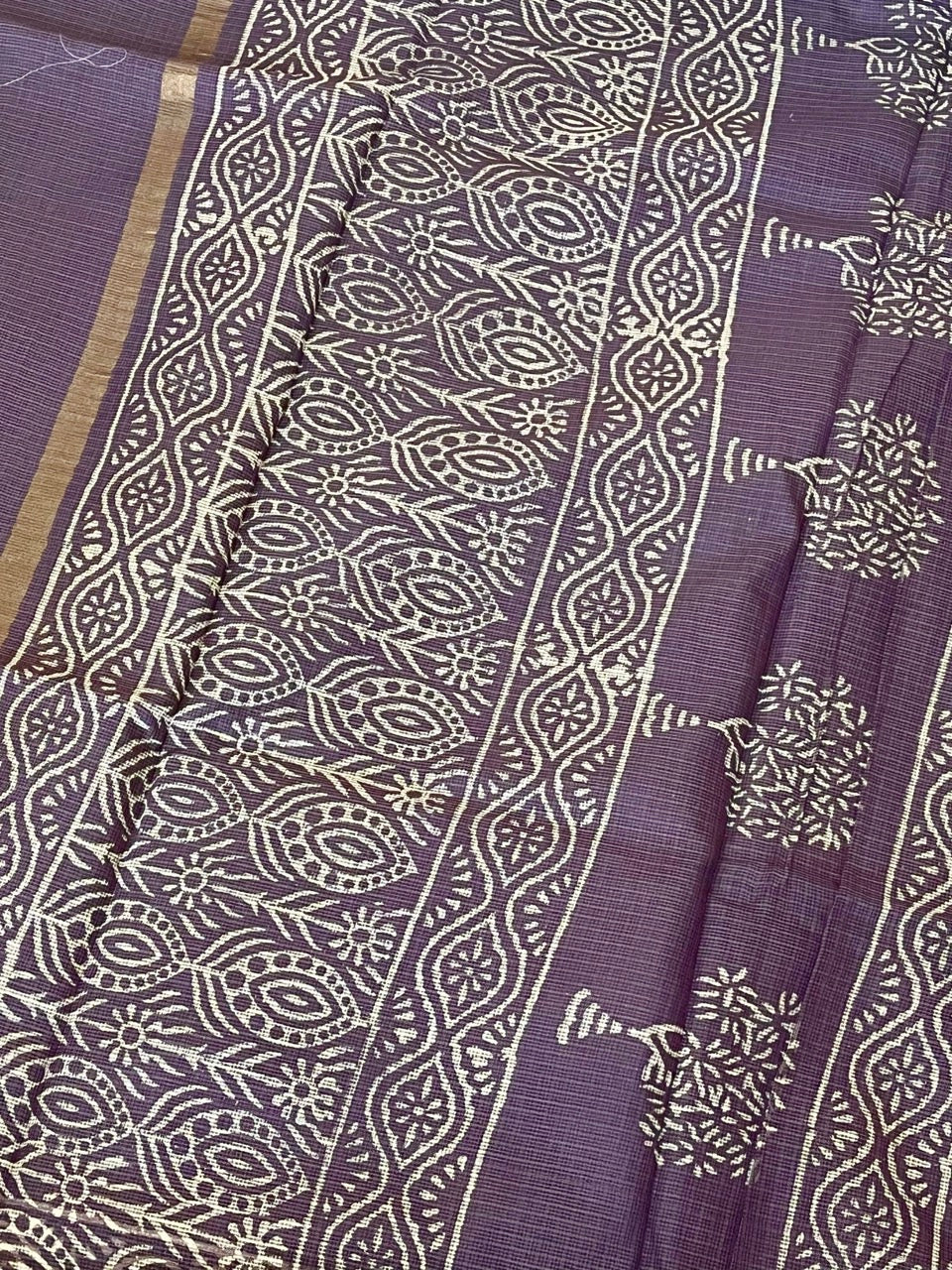Purple Handblock Printed Cotton Kota Doriya Saree
