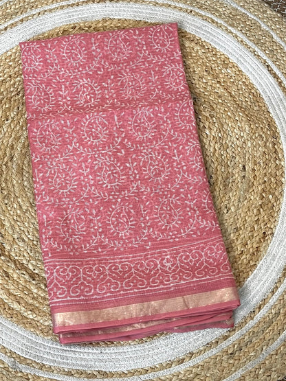 Pink Handblock Printed Cotton Kota Doriya Saree