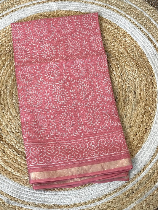Pink Handblock Printed Cotton Kota Doriya Saree