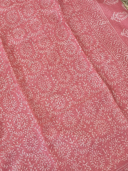 Pink Handblock Printed Cotton Kota Doriya Saree