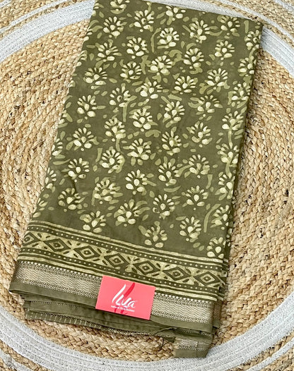 Mehendi Green Dabu Handblock Printed Maheshwari Silk Saree