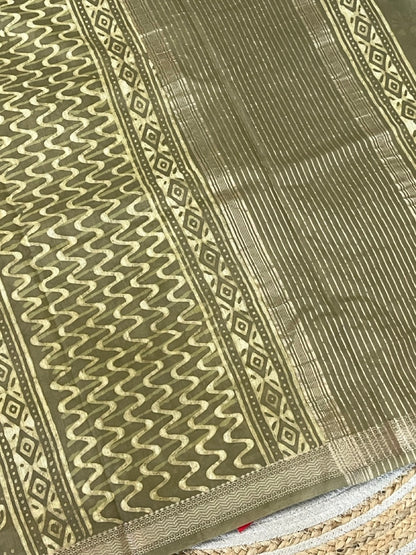 Mehendi Green Dabu Handblock Printed Maheshwari Silk Saree