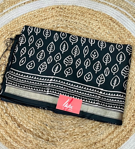 Black Handblock Printed Crepe Saree