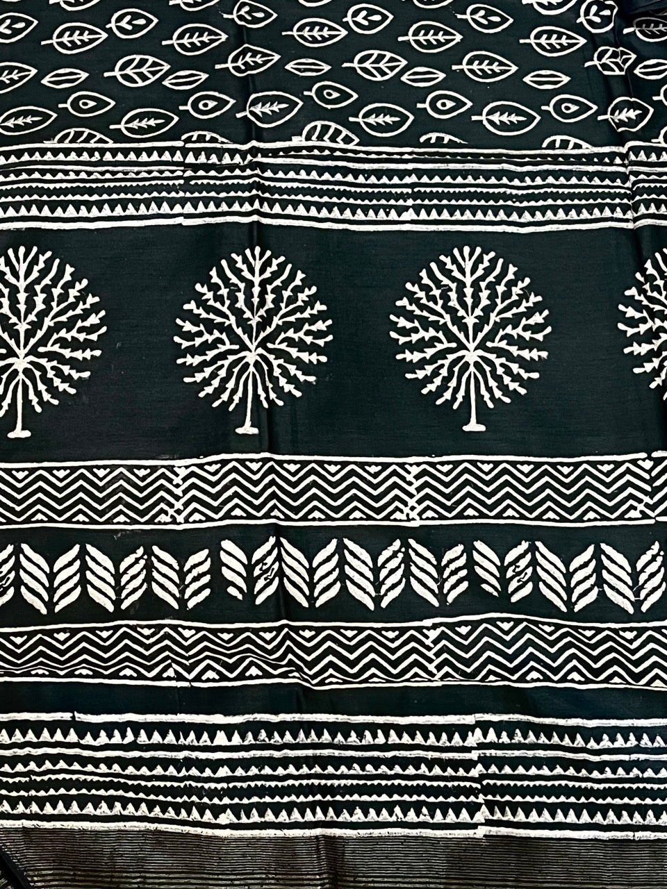 Black Handblock Printed Crepe Saree