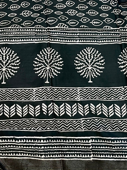 Black Handblock Printed Crepe Saree