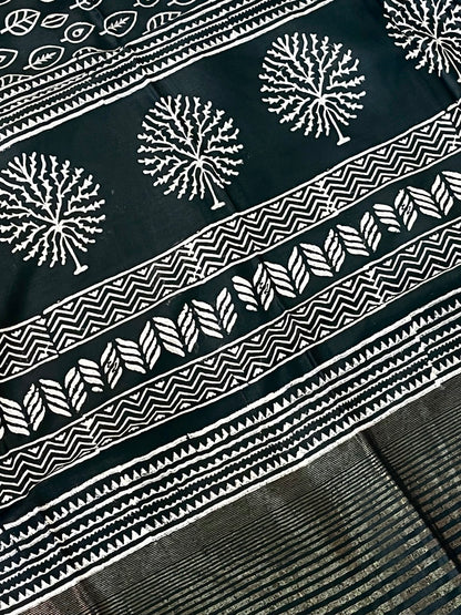 Black Handblock Printed Crepe Saree