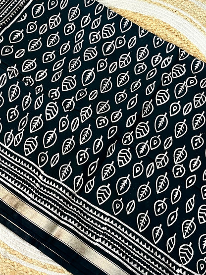 Black Handblock Printed Crepe Saree