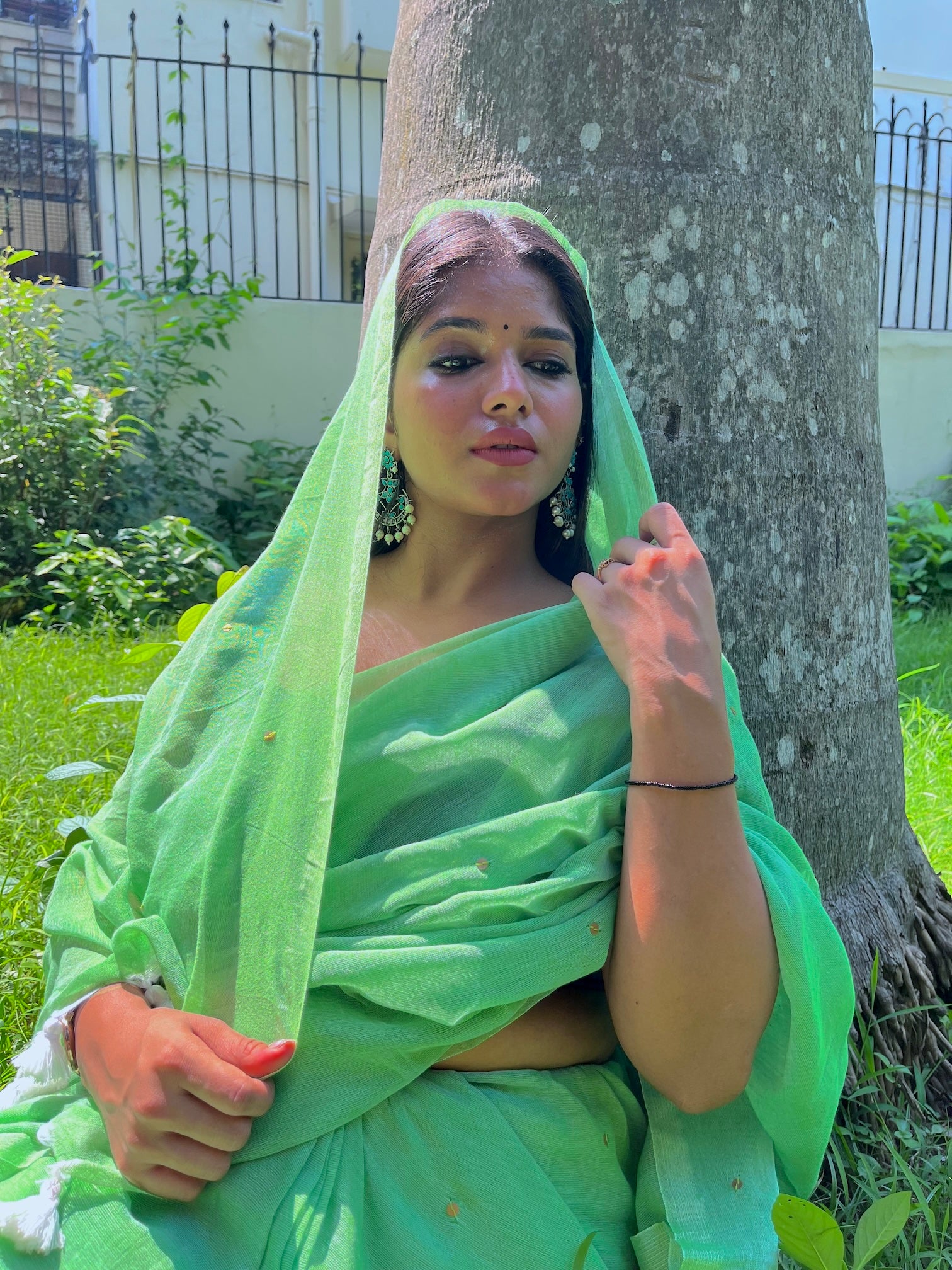 Green Mul Cotton Saree with All Over Golden Sequence & Tassels Saree Handloom saree, handcrafted saree, daily wear saree, office saree, affordable saree, saree for summers, Suta sarees, Eternity by Sakshi Sarees,