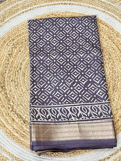 Purple Handblock Printed Maheshwari Silk Saree