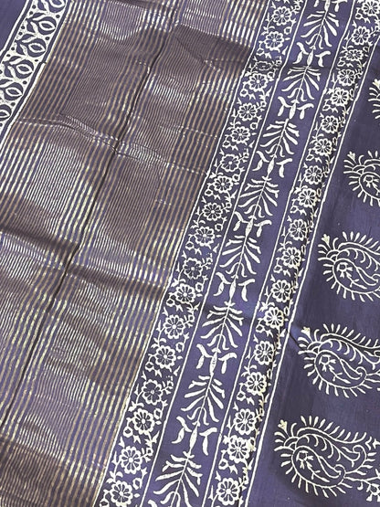 Purple Handblock Printed Maheshwari Silk Saree