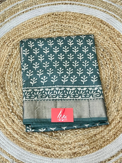 Teal Green Handblock Printed Maheshwari Silk Saree