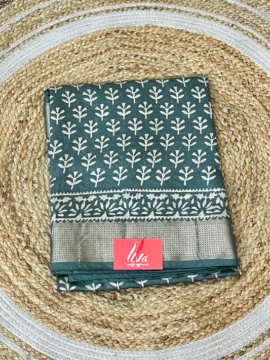 Teal Green Handblock Printed Maheshwari Silk Saree