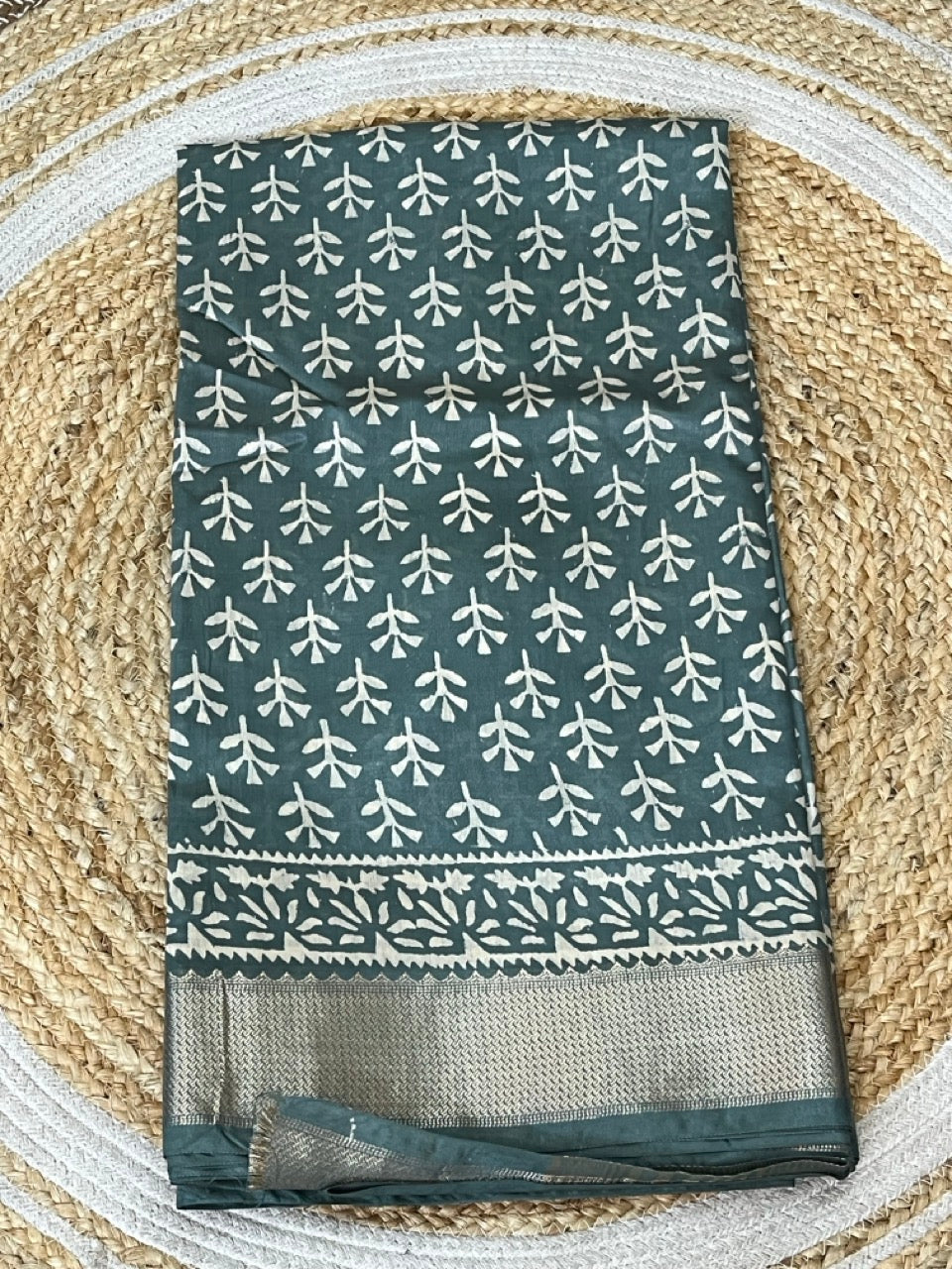 Teal Green Handblock Printed Maheshwari Silk Saree