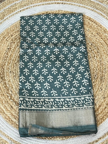 Teal Green Handblock Printed Maheshwari Silk Saree