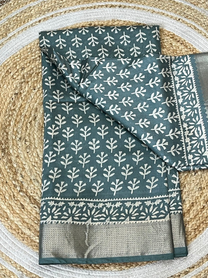 Teal Green Handblock Printed Maheshwari Silk Saree