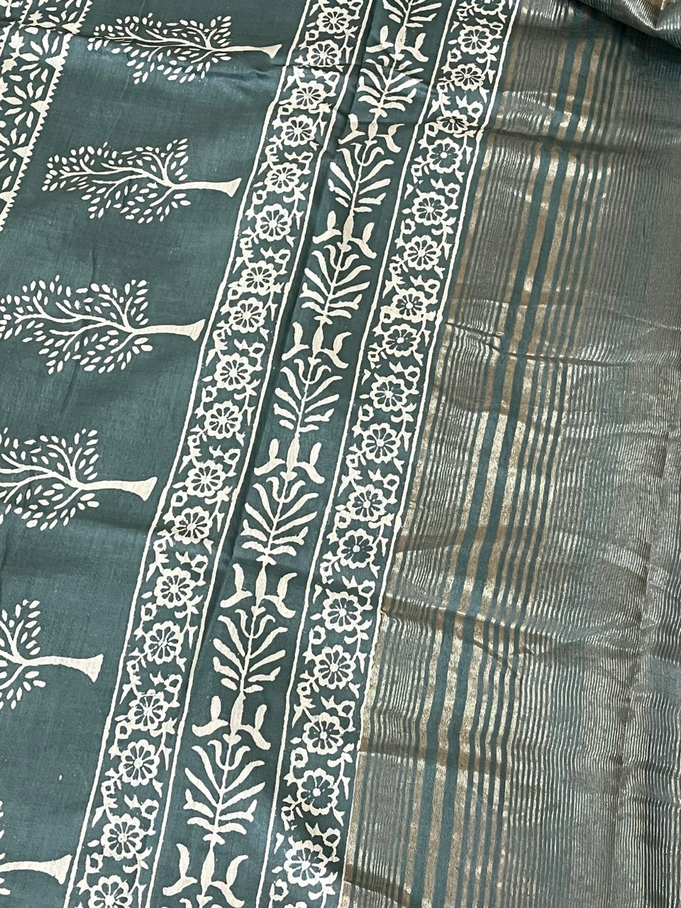 Teal Green Handblock Printed Maheshwari Silk Saree