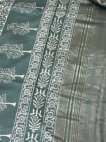 Teal Green Handblock Printed Maheshwari Silk Saree