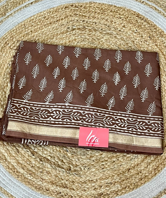 Brown Handblock Printed Crepe Saree