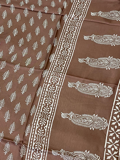 Brown Handblock Printed Crepe Saree