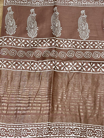Brown Handblock Printed Crepe Saree