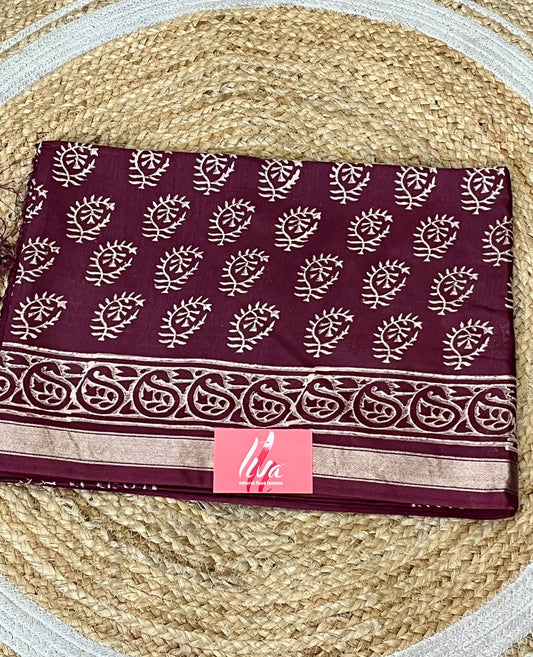 Maroon Handblock Printed Crepe Saree