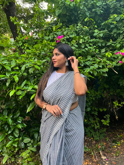 Grey Khadi Cotton All Over Stripes Saree with Tassels Saree Handloom saree, handcrafted saree, daily wear saree, office saree, affordable saree, saree for summers, Suta sarees, Eternity by Sakshi Sarees,