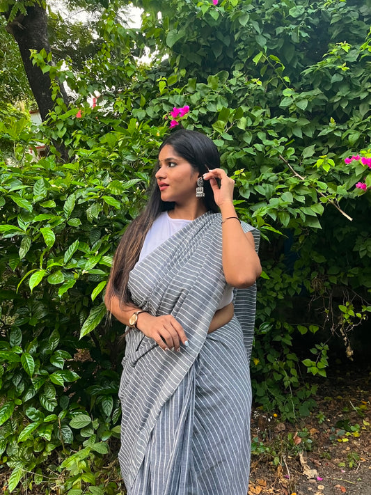 Grey Khadi Cotton All Over Stripes Saree with Tassels Saree Handloom saree, handcrafted saree, daily wear saree, office saree, affordable saree, saree for summers, Suta sarees, Eternity by Sakshi Sarees,