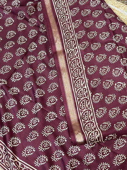 Maroon Handblock Printed Crepe Saree