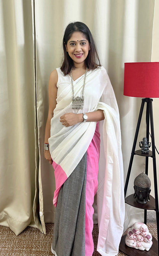 White Pink Colourblock Mul Cotton Saree