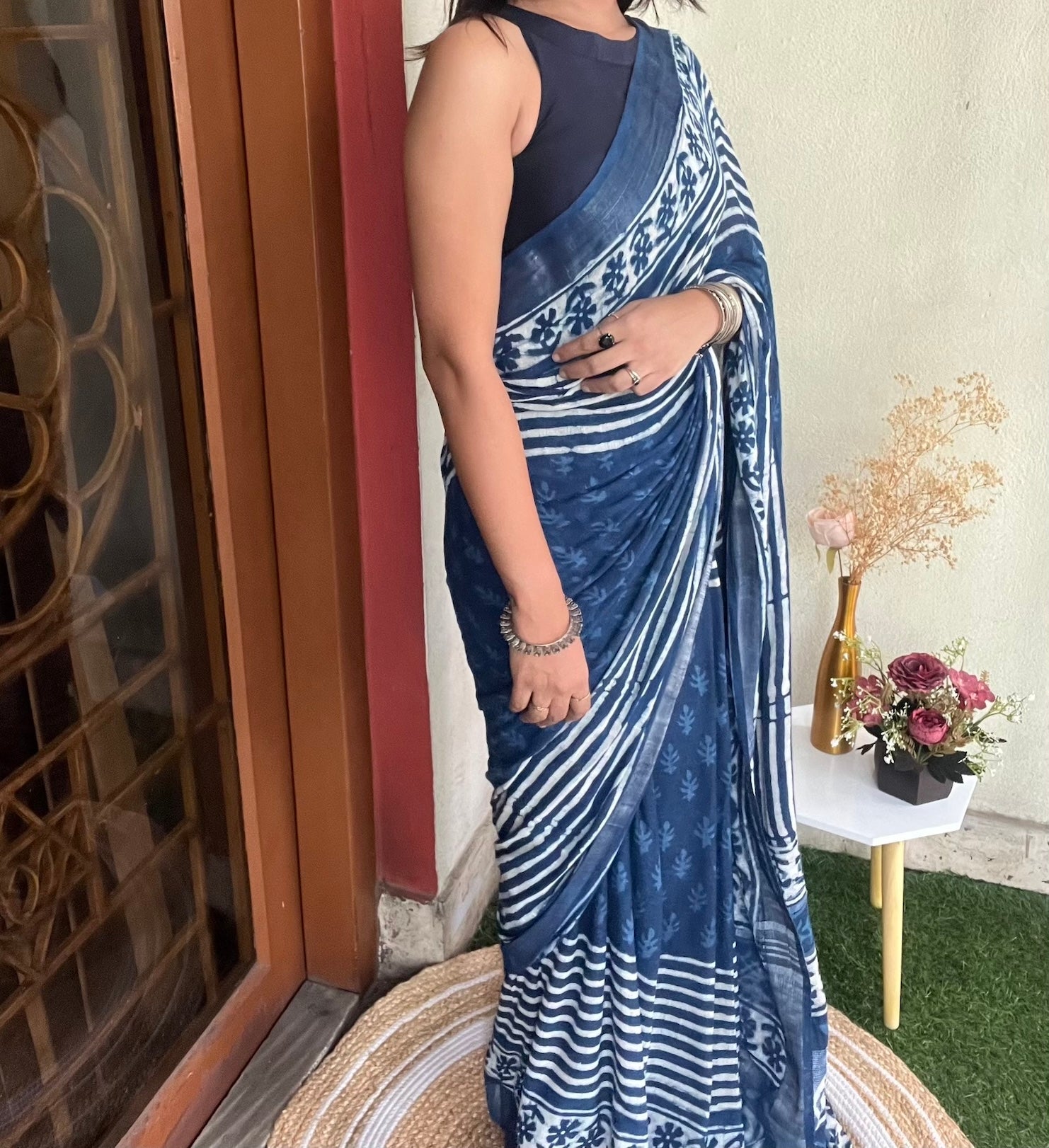 Indigo Blue Cotton Linen Saree with Bagru Handblock Print Saree Handloom saree, handcrafted saree, daily wear saree, office saree, affordable saree, saree for summers, Suta sarees, Eternity by Sakshi Sarees,