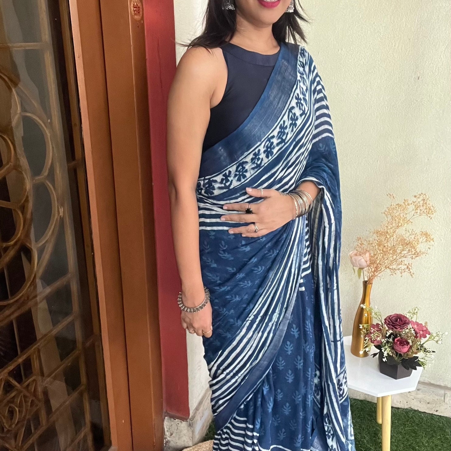 Indigo Blue Cotton Linen Saree with Bagru Handblock Print Saree Handloom saree, handcrafted saree, daily wear saree, office saree, affordable saree, saree for summers, Suta sarees, Eternity by Sakshi Sarees,